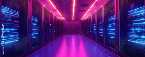 A futuristic data center illuminated by vibrant pink and blue lights, showcasing rows of servers in a sleek, modern environment.