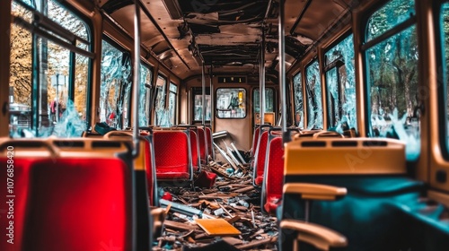 Train car interior in ruins with shattered windows and debris, symbolizing the aftermath of a bombing, focusing on the destruction with a shallow depth of field.