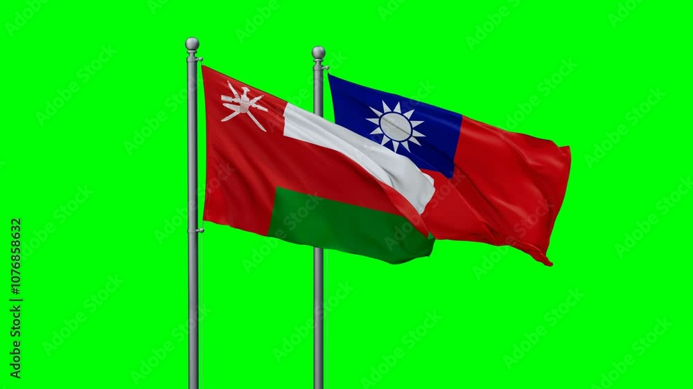 Taiwan and Oman flags flying together, video concept of the relationship with colored chroma key for easy background remove, two country cooperation concept Taiwan and Oman flags flying together, video concept of the relationship with colored chroma key for easy background remove, two country cooperation concept