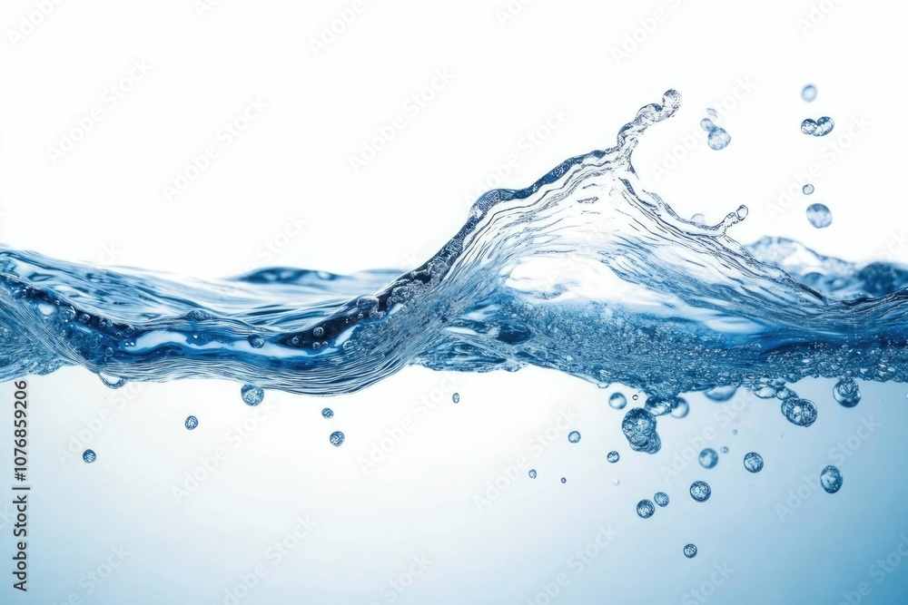 clean blue water surface with splash, ripple and air bubbles on white background clean blue water surface with splash, ripple and air bubbles on white background