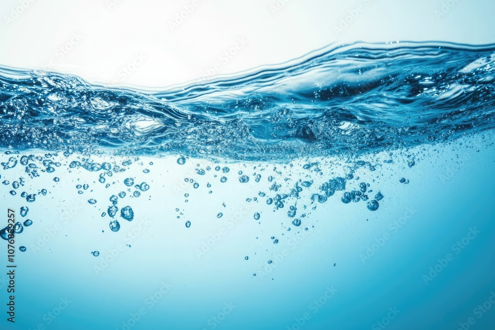 clean blue water surface with splash, ripple and air bubbles on white background clean blue water surface with splash, ripple and air bubbles on white background