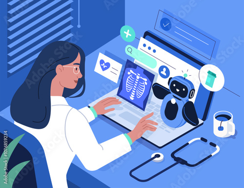 Doctor work with artificial intelligence and check patients electronic health record. Ai medical technology, healthcare innovation concept. Flat isometric vector illustration.