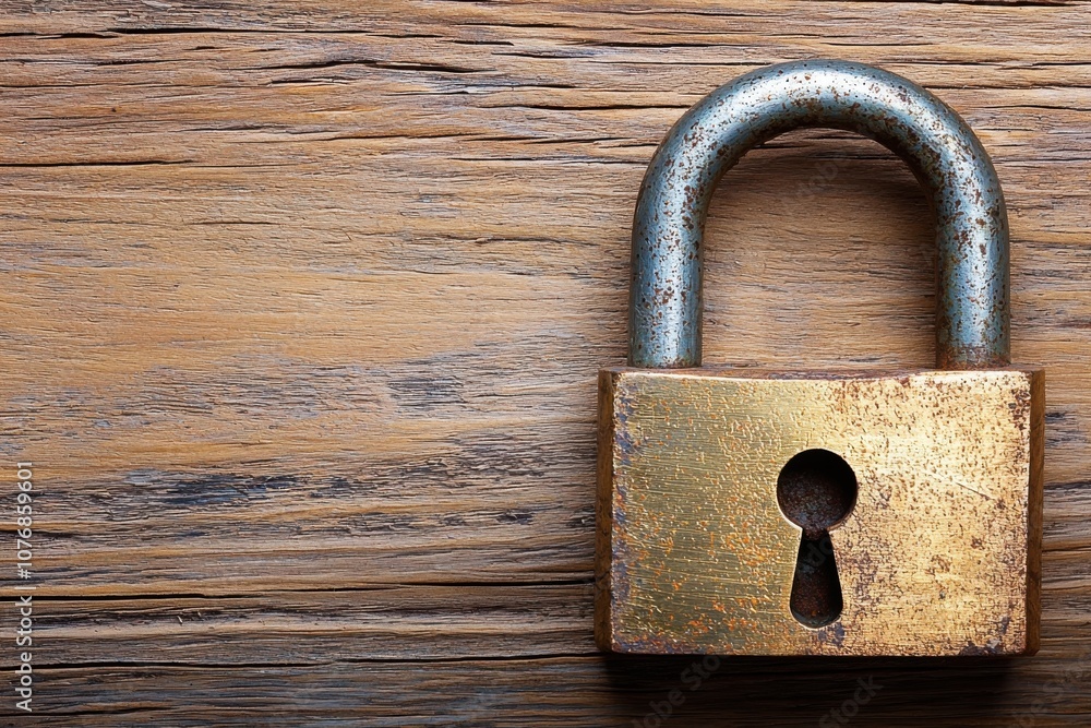 Fototapeta premium A rusty padlock resting on a wooden surface, symbolizing security and protection.