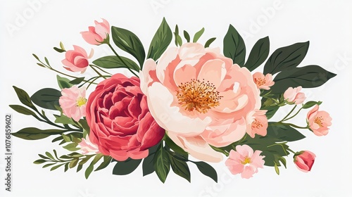 Vector of pink rose, peony, and greenery for spring floral design