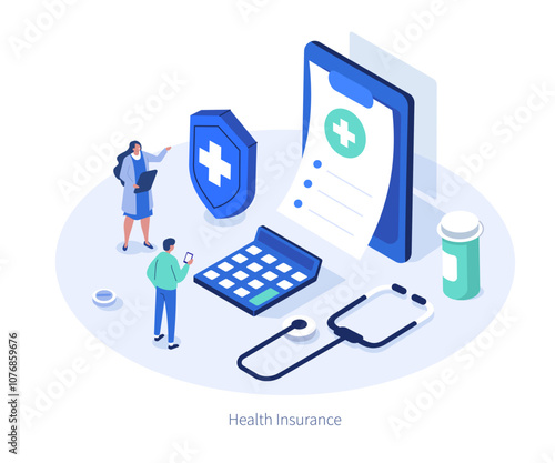 Doctor and patient calculating health insurance policy contract. Medicine and healthcare concept. Flat isometric vector illustration.