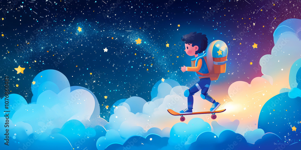 Naklejka premium Young adventurer with rocket pack skating through clouds and stars