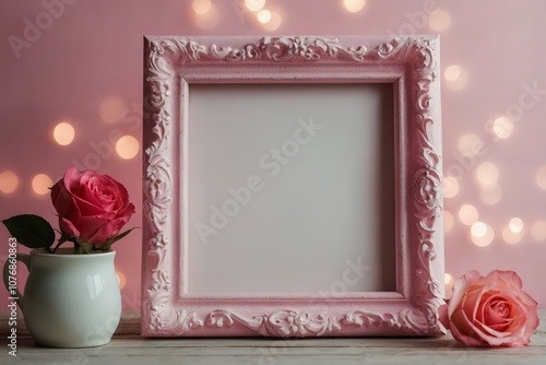 Empty frame mockup decorated in valentine style pink tone