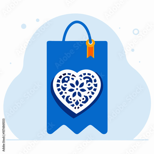 A blue bag with a heart on it. The heart is made of lace and is attached to the bag with a ribbon