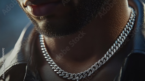 Man Wearing Silver Necklace with Chain Luxury Jewel

 photo