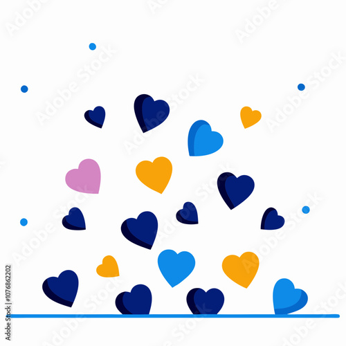 A bunch of hearts are scattered across a white background. The hearts are of different colors, including blue, pink, and yellow. Concept of love and affection