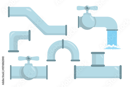Set of beautiful water pipes, taps in cartoon style. Vector illustration of pipes of different shapes and sizes, with water flow, safety taps isolated on white background. Water supply system.
