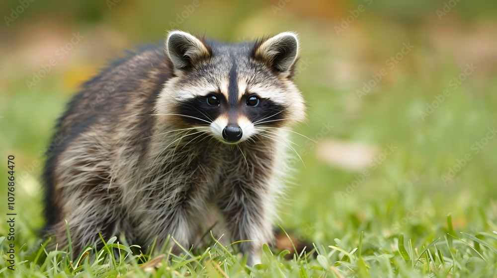 Naklejka premium Curious Raccoon in Backyard Surrounded by Grass, Perfect for Wildlife and Nature Photography
