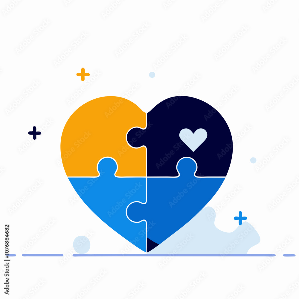 A heart made of four puzzle pieces, each with a different color, is placed in the center. The heart is blue, and the puzzle pieces are orange and blue. Concept of unity and togetherness A heart made of four puzzle pieces, each with a different color, is placed in the center. The heart is blue, and the puzzle pieces are orange and blue. Concept of unity and togetherness