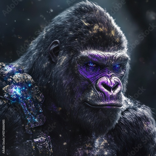 A powerful gorilla with a piercing gaze, adorned with glowing, sparkling textures. photo