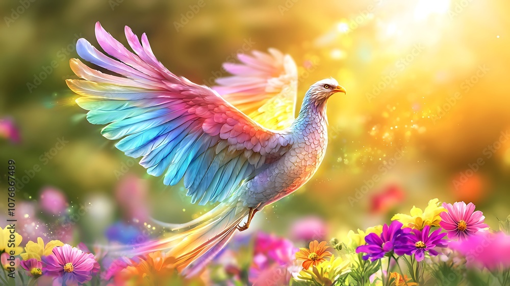 Obraz premium Majestic Colorful Bird Spreading Wings Above Vibrant Flowers Under a Golden Sky in a Magical Garden Scene for Nature and Wildlife Photography