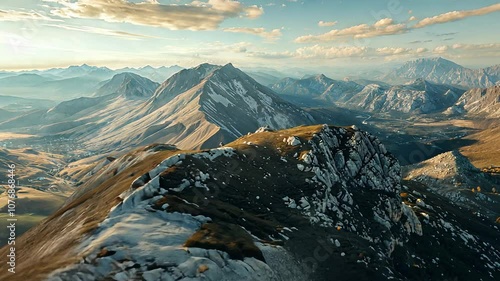 Panoramic Top View of Rugged Mountain Peak with Rocky Terrain and Expansive Sky – Ideal Travel and Nature Scene