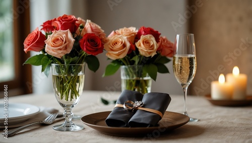 Glasses of champagne, engagement ring and flowers on dining table in room decorated for Valentine's day