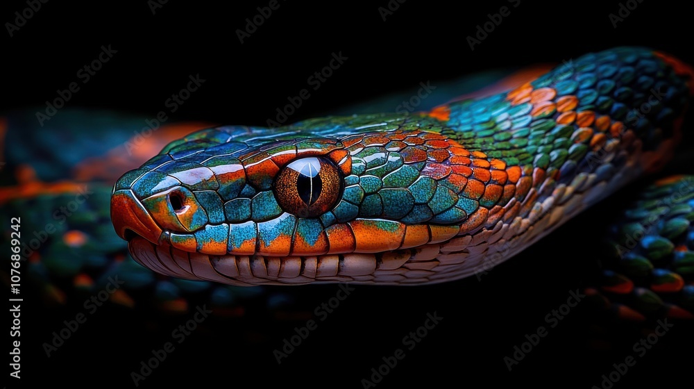 Fototapeta premium A close-up of a vividly colored snake showcasing its intricate scales and striking eyes.