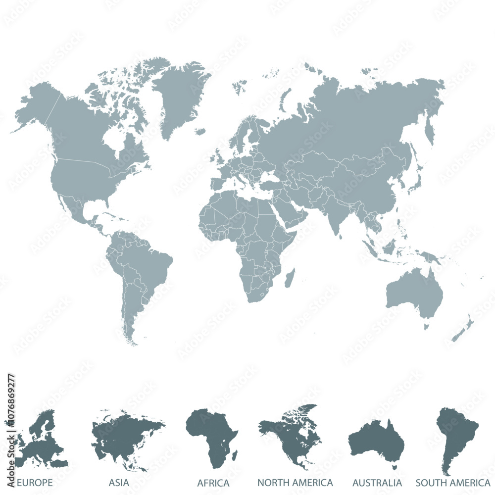Naklejka premium World map. Silhouette map. Continents.