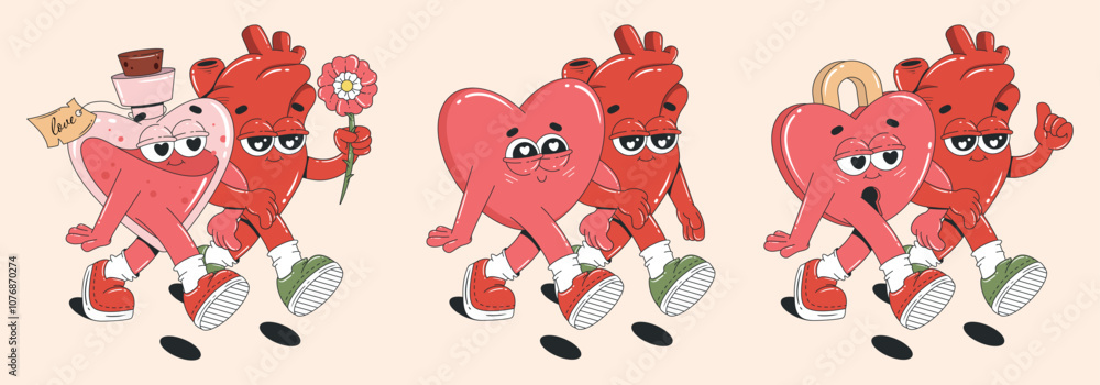 Obraz premium Set of retro cartoon characters and elements for Valentine's Day. Trendy groovy style stickers. Heart, pink love potion. 