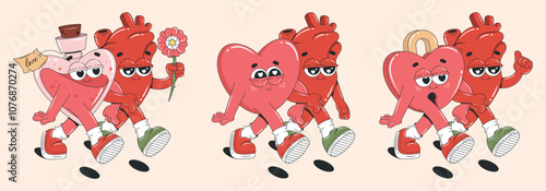 Set of retro cartoon characters and elements for Valentine's Day. Trendy groovy style stickers. Heart, pink love potion. 