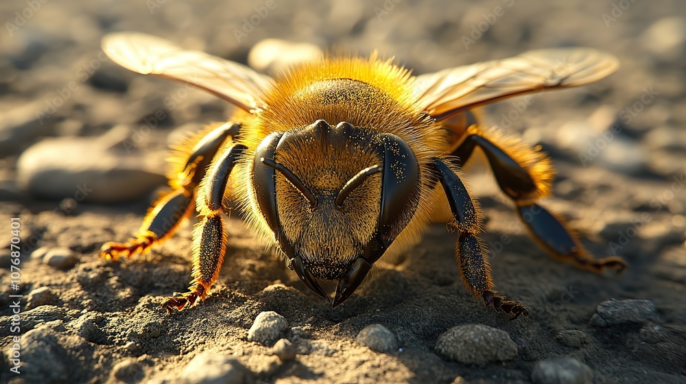 A dead honeybee lying on the ground symbolizes the harmful effects of climate change on insect populations A dead honeybee lying on the ground symbolizes the harmful effects of climate change on insect populations