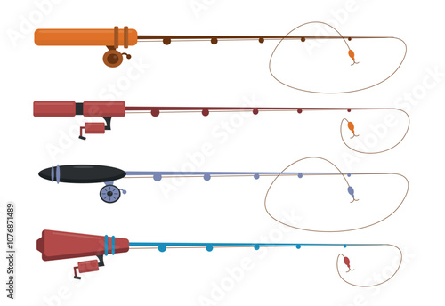 Set of beautiful colored spinning rods in cartoon style. Vector illustration of different spinning fishing rods with reels and lines, artificial lures isolated on white background. Catching fish.