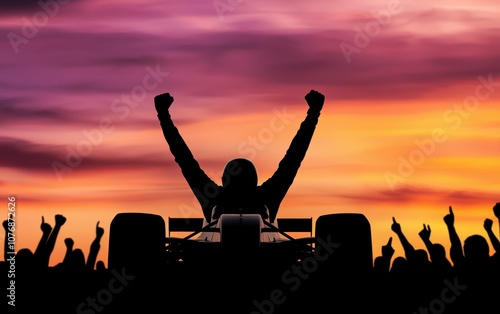 Silhouette of a victorious racer with arms raised on a lit track, dramatic sunset backdrop and cheering crowd photo