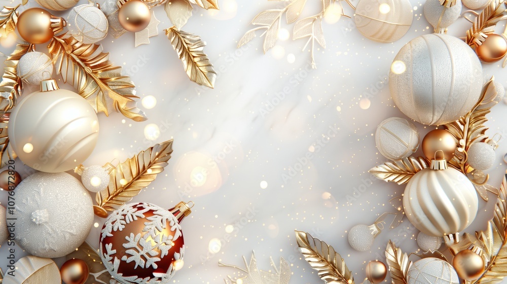 Obraz premium Elegant Christmas and New Year's background with gold and white ornamentation and glowing lights.
