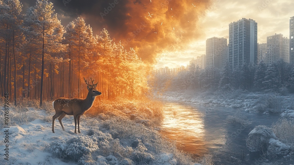 A deer wanders between the past and future forest, illustrating the stark impact of global warming on nature A deer wanders between the past and future forest, illustrating the stark impact of global warming on nature