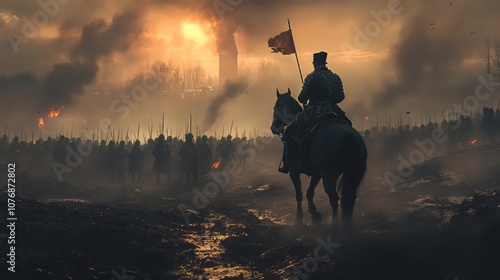 a war general riding a horse with soldiers