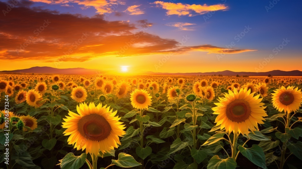 Fototapeta premium Golden Light Over a Field of Sunflowers, Sunflowers Awakening Under Sunrise Light