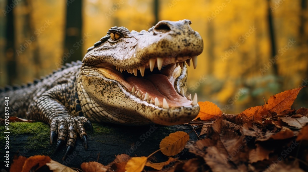 Obraz premium Portrait of happy crocodile rejoices in autumn.