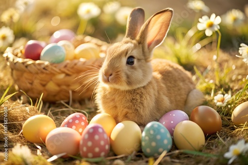 Cute bunny and colorful Easter eggs on green grass outdoors