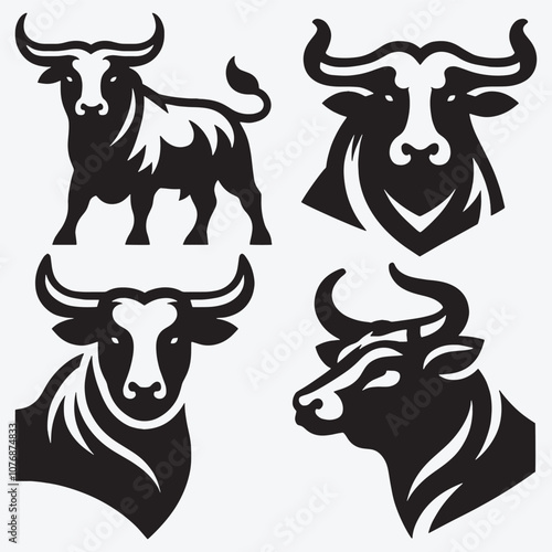 Set of Bull Silhouette Clip Art Vector Illustration Isolated on White Background