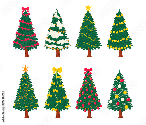 Collection сhristmas trees decorated with balls, bows, ribbons, confetti  and stars on white background