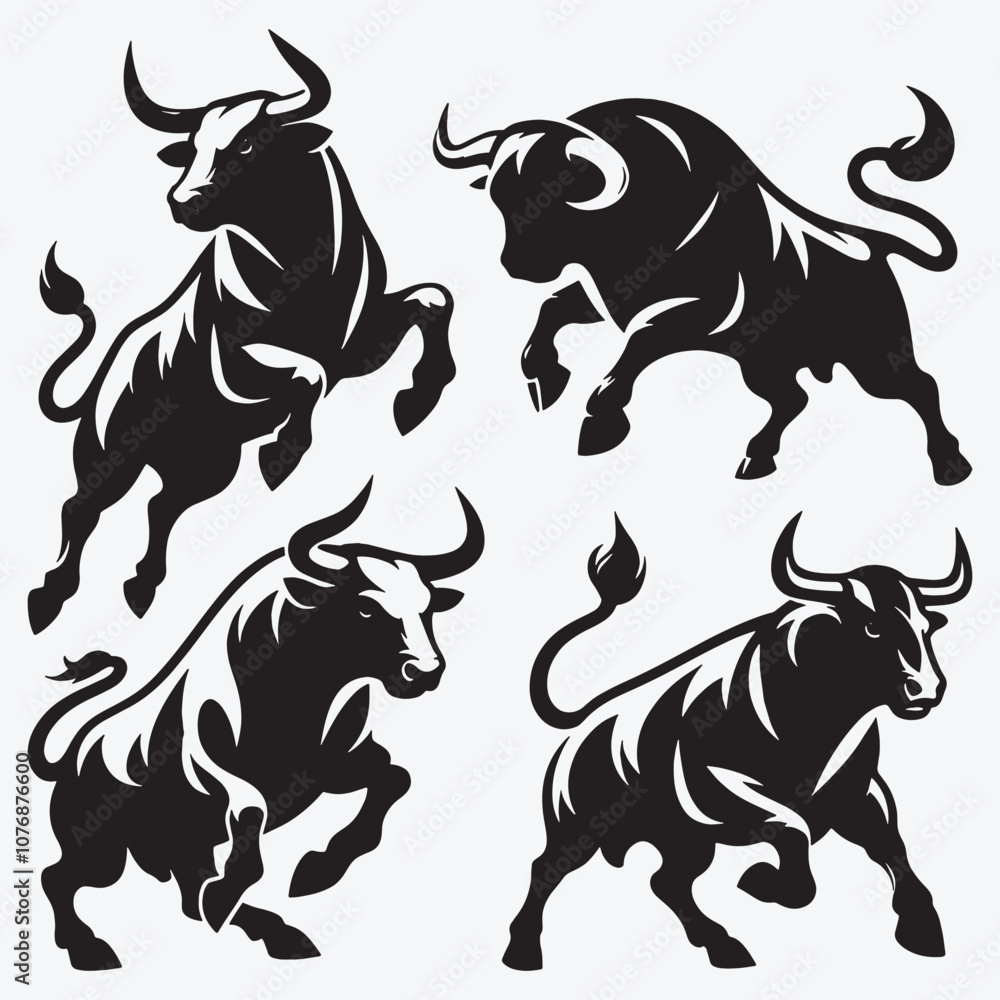 Obraz premium Set of Bull Silhouette Clip Art Vector Illustration Isolated on White Background