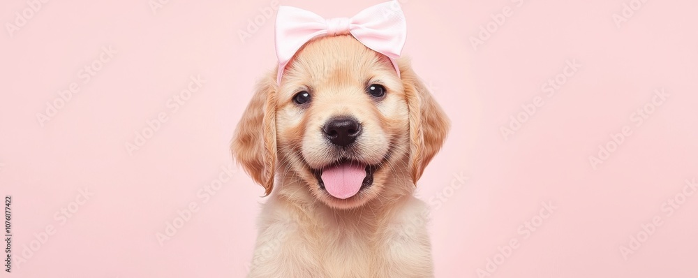 Puppy wearing a pastel bow on its head, vibrant and happy portrait on a soft pink background Puppy wearing a pastel bow on its head, vibrant and happy portrait on a soft pink background