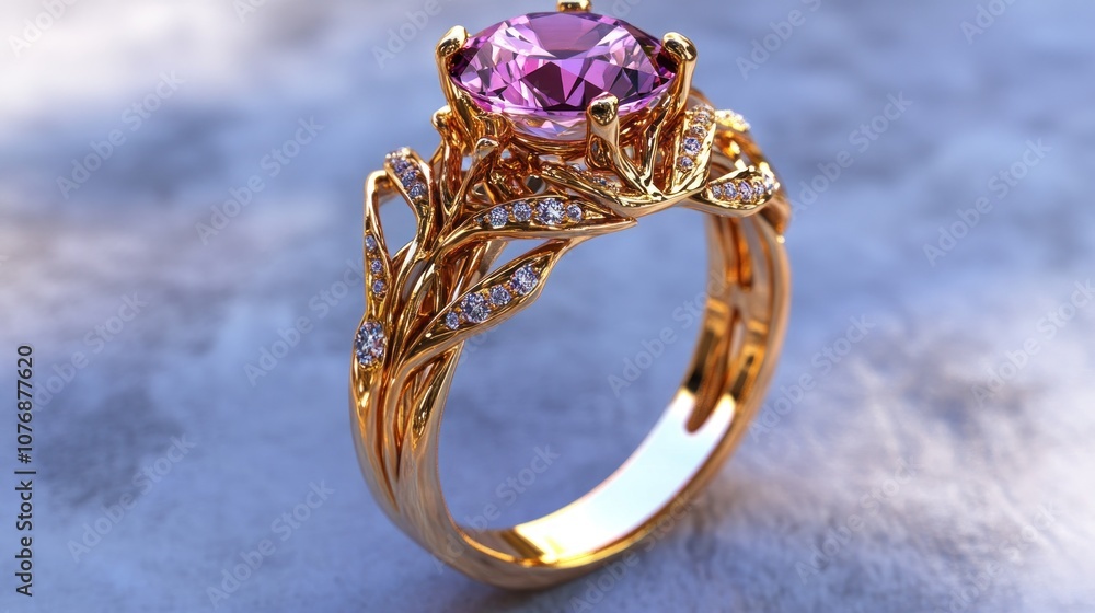 A beautifully designed gold ring featuring a large pink gemstone and intricate detailing. A beautifully designed gold ring featuring a large pink gemstone and intricate detailing.