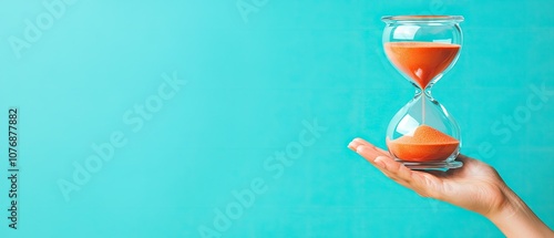 Hand holding a sandglass with orange sand on a blue background.