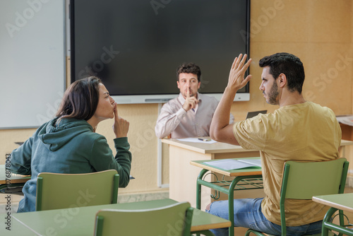 Professor and university student making a silence gesture to a classmate for being annoying during an exam. Boss and employee arguing with a colleague, telling him to shut up because of his crazy idea