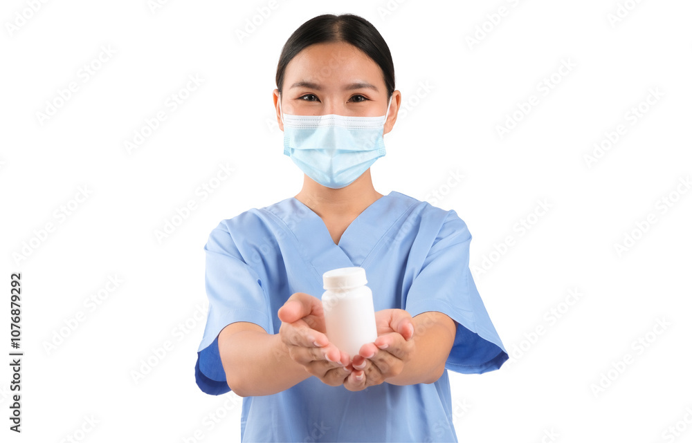 Healthcare professional wearing a mask, smiling and presenting a white pill bottle in hands. Healthcare professional wearing a mask, smiling and presenting a white pill bottle in hands.