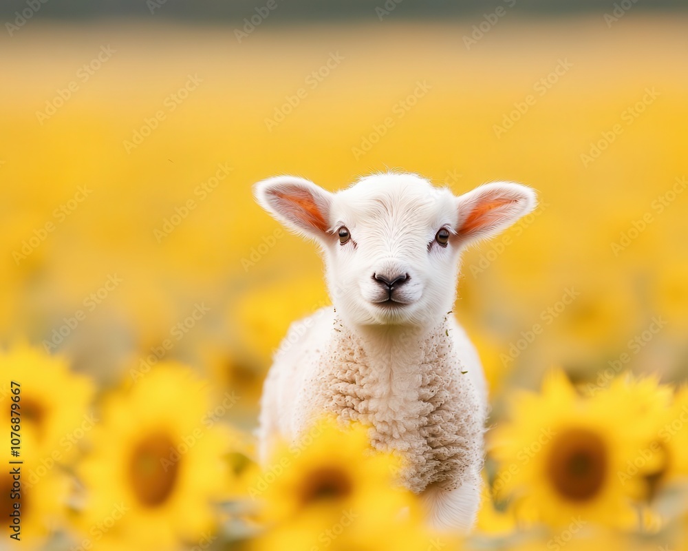 Obraz premium A small lamb prancing through a meadow dotted with sunflowers, golden petals contrasting with its woolly white coat, flower, cute animal, innocence, happiness
