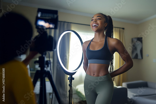 A young fitness influencer smiles as she films a workout routine in a cozy indoor setting with professional lighting, embodying positivity and health.