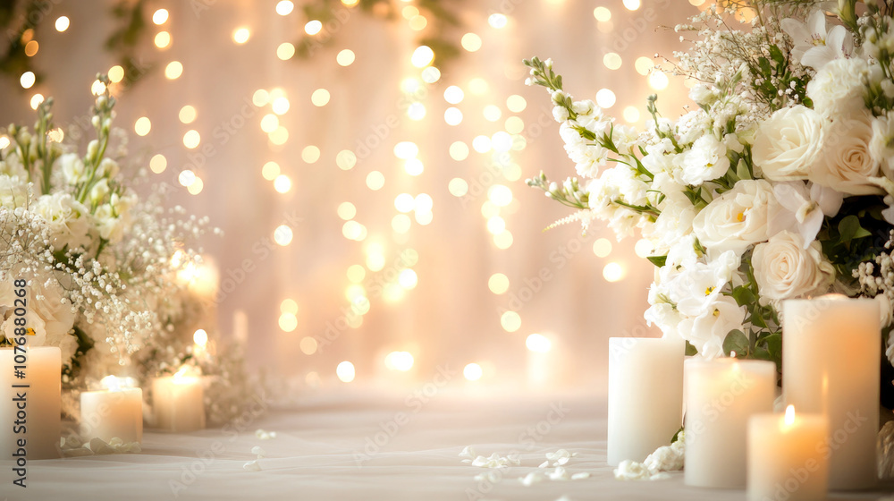 Fototapeta premium Elegant wedding decor with white flowers and candles against a bokeh light background