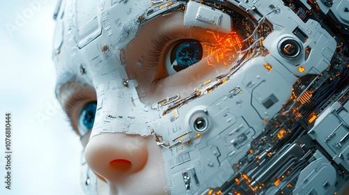 A close-up of an AI head with digital circuitry, representing artificial intelligence and the intersection of technology and the future, with intricate details of the digital patterns symbolizing inno photo