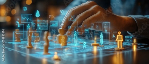 Hand moving a game piece on a digital board with abstract symbols and data visualizations.