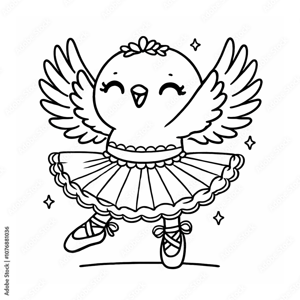 Fototapeta premium Bird Ballerina with Flower Crown Coloring Page, Adorable Animal Dance Illustration for Kids, Fun and Festive Ballet Art, Perfect for Holiday Coloring Books
