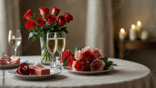 Glasses of champagne, engagement ring and flowers on dining table in room decorated for Valentine's day