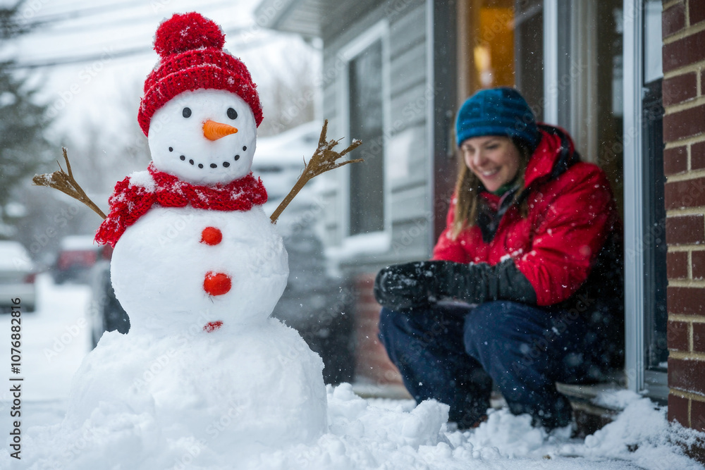 Joyful winter scene with snowman and smiling woman in snowy backyard setting Joyful winter scene with snowman and smiling woman in snowy backyard setting